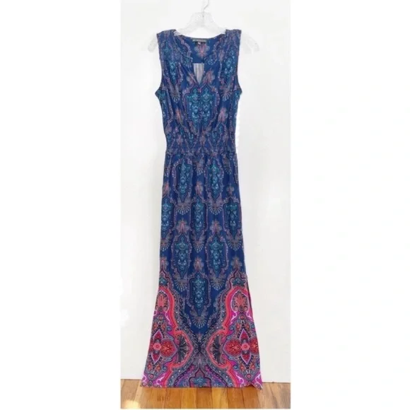Adrianna Papell maxi dress blue pink paisley sleeveless stretchy side splits - Picture 1 of 7